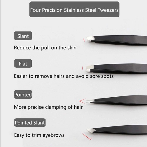 4PCS Tweezers Set Stainless Steel Tweezers Best Tweezers for Facial & Ingrown Hairs Splinter & Hair (Black)