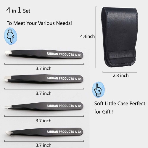 4PCS Tweezers Set Stainless Steel Tweezers Best Tweezers for Facial & Ingrown Hairs Splinter & Hair (Black)