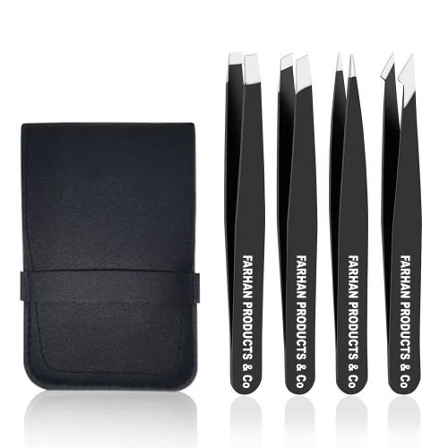 4PCS Tweezers Set Stainless Steel Tweezers Best Tweezers for Facial & Ingrown Hairs Splinter & Hair (Black)