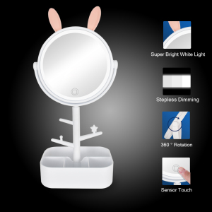 Multifunctional led round wireless charger desktop rabbit-shaped cute makeup mirror with 3 Brightness LED Light