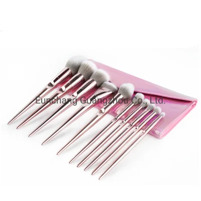 Private Label 10PCS Synthetic Hair Brush Set Metalized Pink Handle Pink Pouch