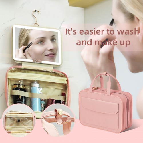 Customized Travel Portable Pink Polyester Cosmetic Toiletry Bag Built-in Rechargeable Dimmarable Brightness LED Makeup Mirror