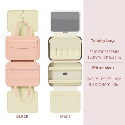 Customized Travel Portable Pink Polyester Cosmetic Toiletry Bag Built-in Rechargeable Dimmarable Brightness LED Makeup Mirror
