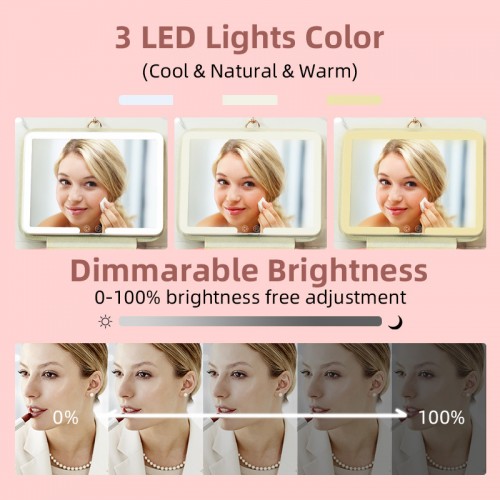 Customized Travel Portable Pink Polyester Cosmetic Toiletry Bag Built-in Rechargeable Dimmarable Brightness LED Makeup Mirror