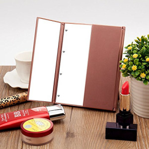 Rose Gold Mini mirror with 8 leds lights Wholesale tri-fold vanity led mirror makeup pocket