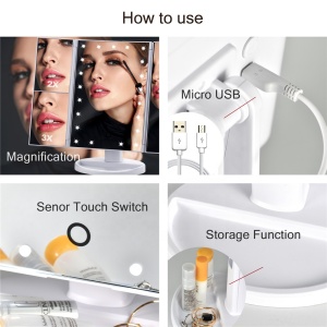 Three tri fold makeup desktop make up led vanity lighted mirror 1x 2x 3x Magnification, Touch Screen Switch