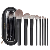 Custom Logo 9Pcs Matte Black Makeup Brush Set with Clear Window Travel Pouch Soft Synthetic Hair Cosmetic Brushes Wholesale OEM/ODM