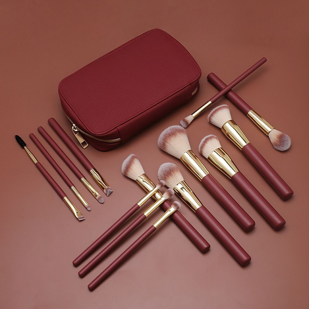 12-Piece Burgundy Makeup Brush Set with Travel Bag – Soft Synthetic Bristles, Luxury Gold Ferrule