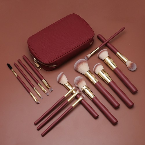 12-Piece Burgundy Makeup Brush Set with Travel Bag – Soft Synthetic Bristles, Luxury Gold Ferrule