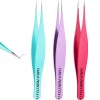 Hair Tweezers Needle Nose Pointed Stainless Steel Blackhead Remover for Eyebrow Hair Facial Hair Removal (Rose Red,Purple,Blue)