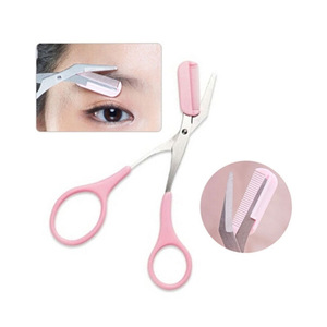 beauty tool makeup trimmer comb pink plastic eyebrow shaping scissors