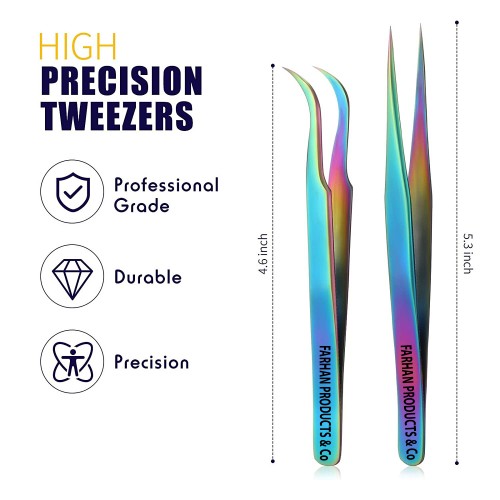 4 Pieces Eyelash Extension Tweezers Stainless Steel Straight and Curved Tip Volume Lash Tweezers Set for Eyelash Extension False
