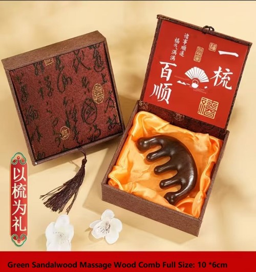 Hot Sell  Green Sandalwood Massage  Comb Song Brocade Box Set Gift