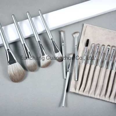 Premium Silver Color Handle 14PC Cosmetics Brush Set Soft Cruelty Free Synthetic Powder Cheek Color Contour Eye Flat Brush with Cosmetic Packaging