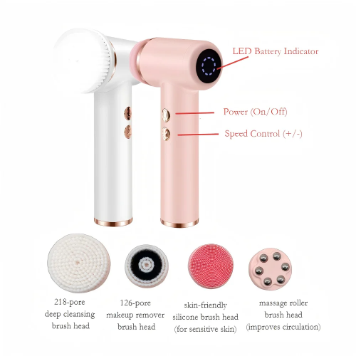 4-in-1 Electric Facial Cleansing Brush Waterproof Rechargeable Soft Silicone Rotating Massager Deep Pore Cleaner Beauty Tool