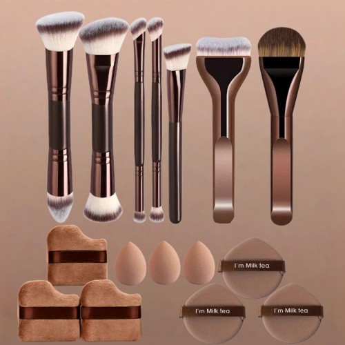 Innovative Dual-Ended Makeup Brush Kit with Ergonomic Foundation Brushes & Velour Powder Puffs Professional Beauty Set OEM/ODM