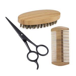 3Pcs/set Boar Bristle Mens Shaving Brush Beard Comb and Scissor Kit With Customized Logo