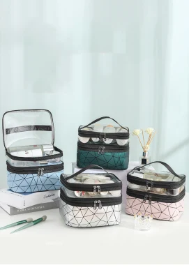 Custom PU Transparent Makeup Bag Zipper Storage Bag Large Double Layer Cosmetic Multi-Functional Toiletry Waterproof Bag