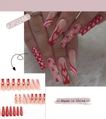 Ins French Style Valentine′s Day Splints Red Heart False Nails