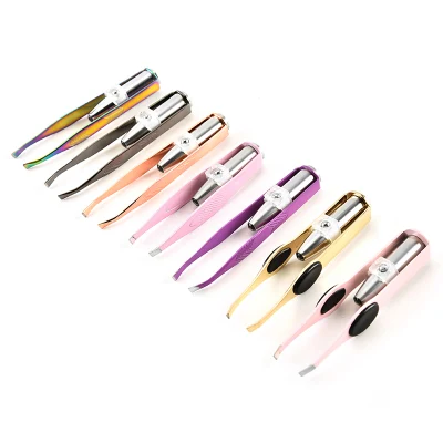 High Quality Stainless Steel Makeup Beauty Eyebrow Tweezers with LED Light and Non-Slip PVC Film