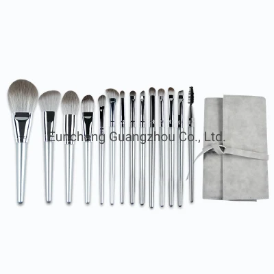 Premium Silver Color Handle 14PC Cosmetics Brush Set Soft Cruelty Free Synthetic Powder Cheek Color Contour Eye Flat Brush with Cosmetic Packaging