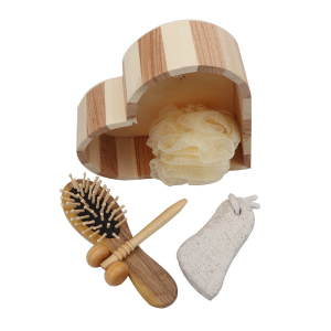 Promotional wood heart box 5pcs  bath accessory set, Loofah Brush /comb Wooden box spa set /Bath Gift bath Set