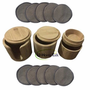 Rounds Square 8cm Washable Reusable Velour Charcoal Cotton Bamboo Makeup Remover Pads with Bamboo Container Tube Box