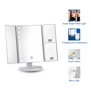 Tri-fold Easehold Vanity Lighted Makeup Mirror with 21 LED Light 1x/2x/3x Magnifying Ultra-thin Portable 180 and 90 Rotation