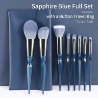 Custom Logo Private Label 8Pcs Blue Gem Geometric Handle Beauty Cosmetic Brush Kit with Button Leather Case