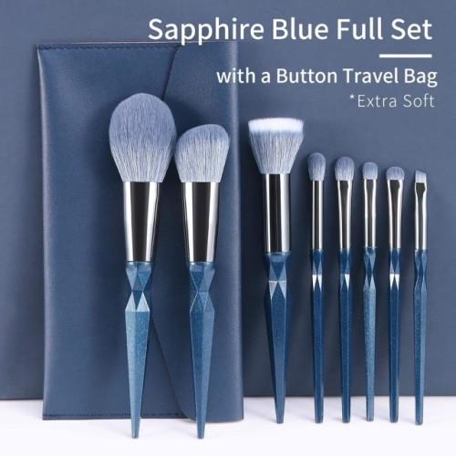 Custom Logo Private Label 8Pcs Blue Gem Geometric Handle Beauty Cosmetic Brush Kit with Button Leather Case