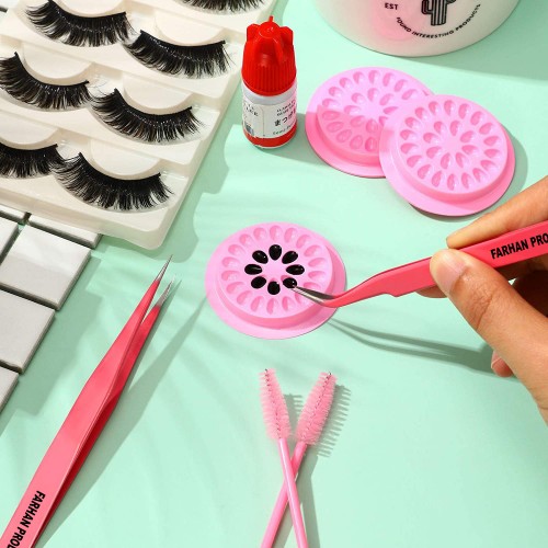 200 Pieces False Eyelashes Glue Holders Pink Flower Shape Glue Pallet Pad with Straight and Curved Tip Tweezer for Eyelash Tools