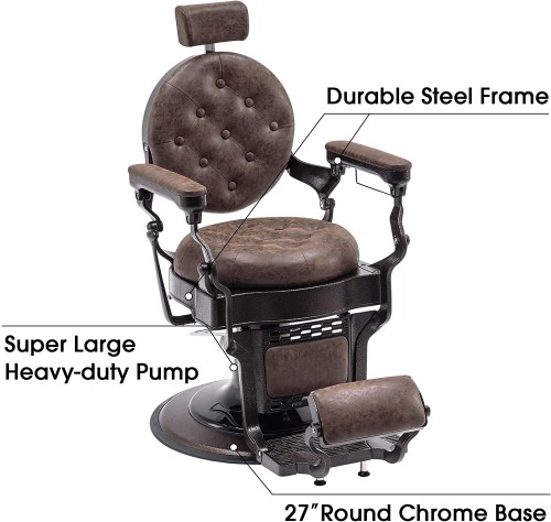 BarberPub Vintage Barber Chair Heavy Duty Metal Frame All Purpose Hydraulic Recline Salon Beauty Spa Equipment