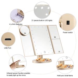 Private label Desktop Cosmetic Mirror with LED lamps USB Rechargeable Trifold Vanity Lighted 180 rotating Make Up Mirror