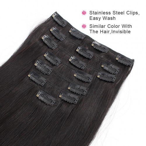 Natural color real remy brazilian 100% human clip in hair extensions