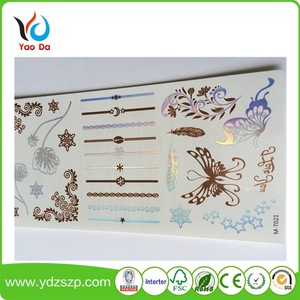 Eco-friendly flash gold metallic temporary tattoo sticker with full color and most fashionable designs body art