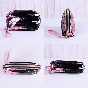 Wholesale new design pink reversible sequin bag women cosmetic bag makeup