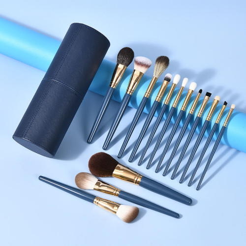 Wholesale Custom Private Label 14 Pcs Blue Makeup Brush Set with Leather Cylinder Holder Soft Synthetic Hair Cosmetic Brushes in Bulk