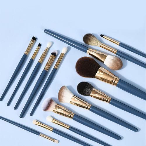 Wholesale Custom Private Label 14 Pcs Blue Makeup Brush Set with Leather Cylinder Holder Soft Synthetic Hair Cosmetic Brushes in Bulk