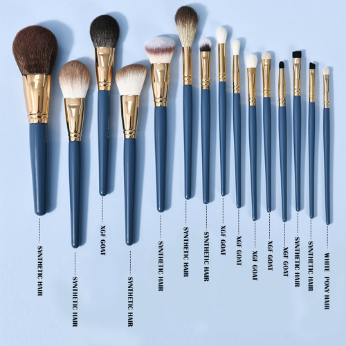Wholesale Custom Private Label 14 Pcs Blue Makeup Brush Set with Leather Cylinder Holder Soft Synthetic Hair Cosmetic Brushes in Bulk