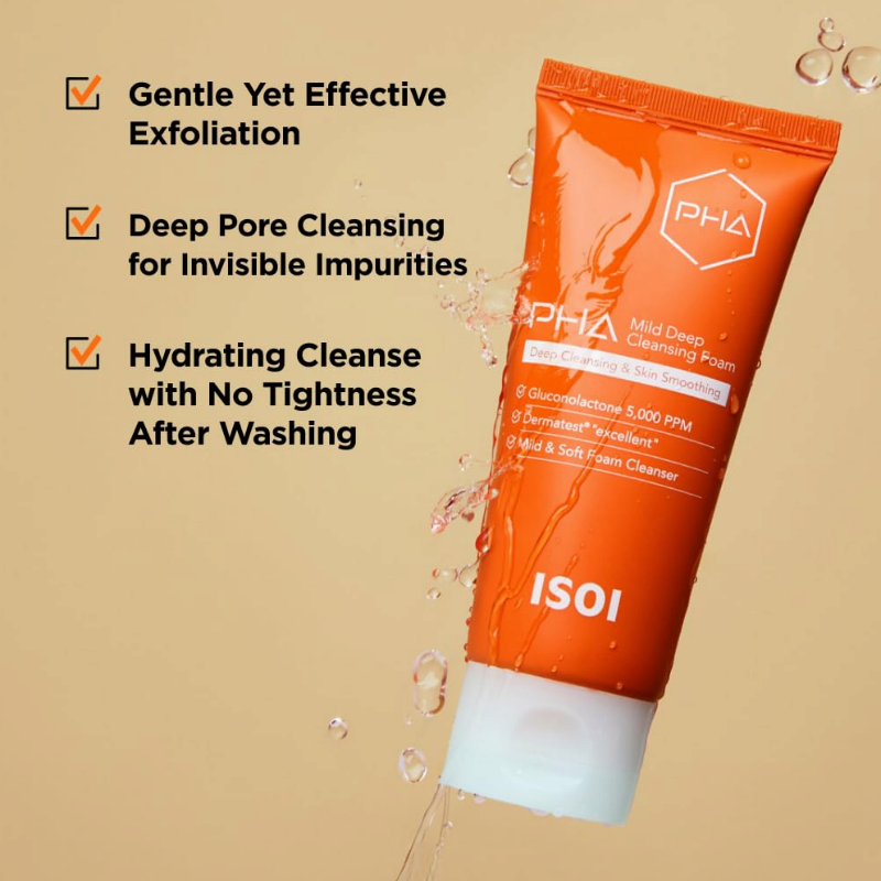 ISOI PHA Mild Deep Cleansing Foam Gentle Daily Exfoliating Cleanser with Hydrating PHA Formula 