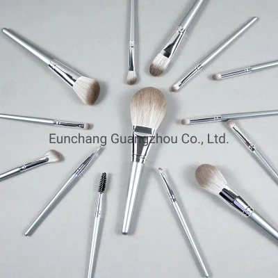 Premium Silver Color Handle 14PC Cosmetics Brush Set Soft Cruelty Free Synthetic Powder Cheek Color Contour Eye Flat Brush with Cosmetic Packaging