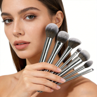 Custom Logo 9Pcs Silver Makeup Brush Set Double Ended Cosmetic Brushes Soft Synthetic Hair Beauty Tool Kit Wholesale OEM/ODM