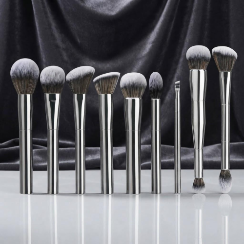 Custom Logo 9Pcs Silver Makeup Brush Set Double Ended Cosmetic Brushes Soft Synthetic Hair Beauty Tool Kit Wholesale OEM/ODM
