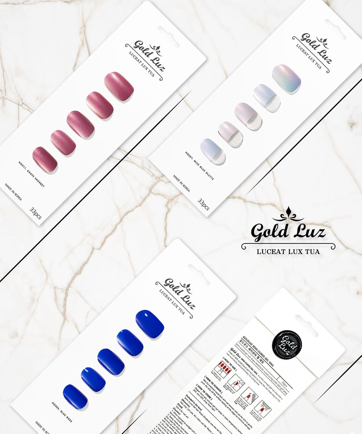 GoldLuz Semi Cured Gel Nail Strips, Long Lasting, Works with any UV nail lamps.