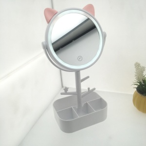Hot Sale Cute Animal Ears 180 Degree Rotatable Plastic Makeup Desktop Cosmetic Led Mirror