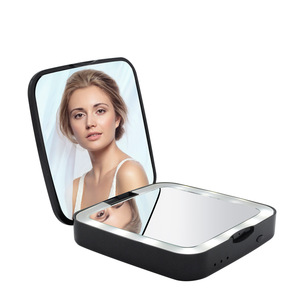 Portable mini power bank light up magnification 5x plastic pocket makeup mirror +15 led makeup mirror fold