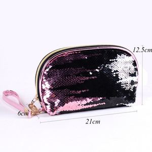 Wholesale new design pink reversible sequin bag women cosmetic bag makeup