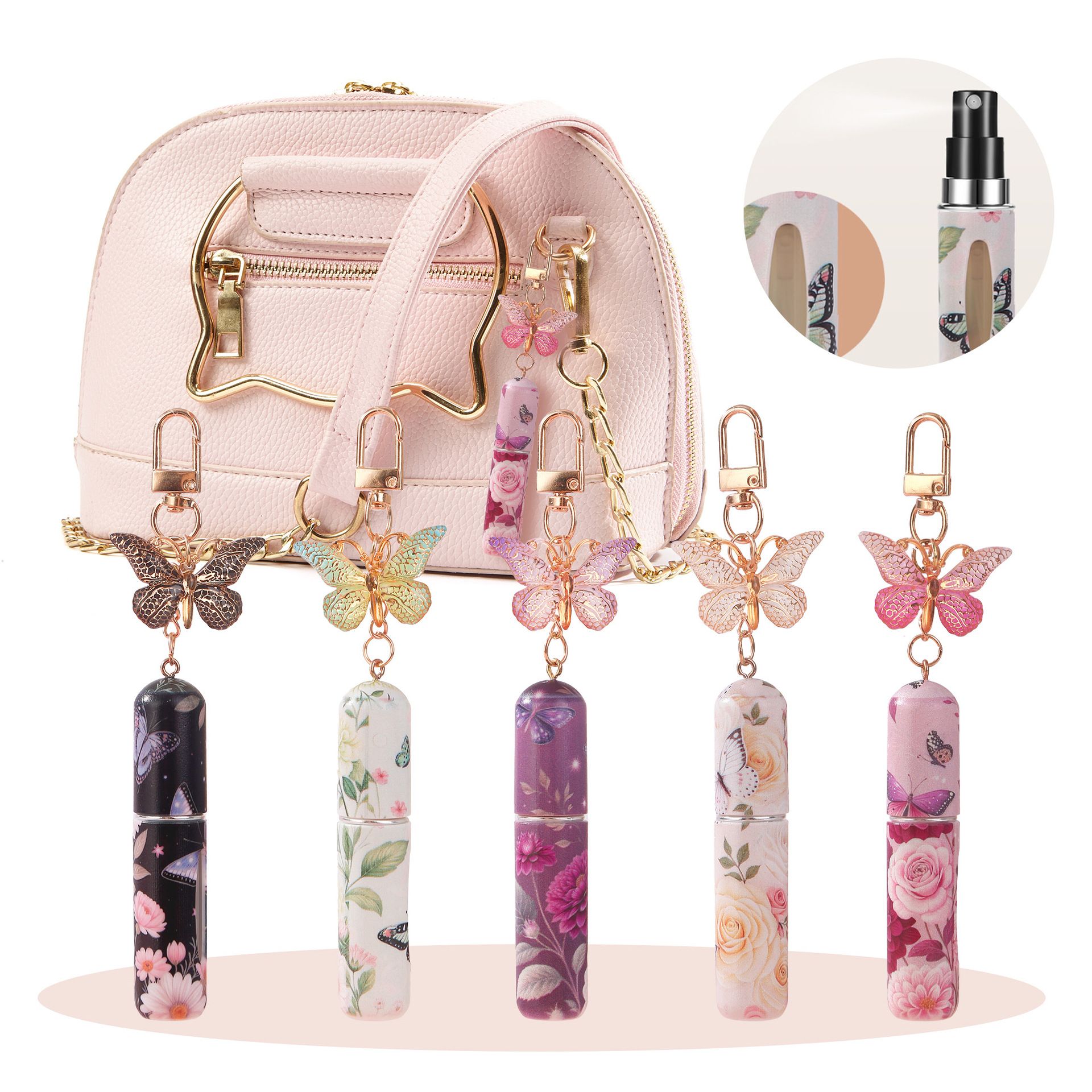 New Popular 5ml Fragrance Bottles Fine Mist Spray Cosmetic Perfume Samples Aromatherapy Bottles Portable Perfume Bottles Travel Perfume Vials with butterfly-shaped keychain cute girly perfume bottles