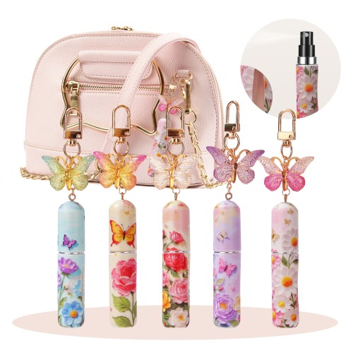 New Popular 5ml Fragrance Bottles Fine Mist Spray Cosmetic Perfume Samples Aromatherapy Bottles Portable Perfume Bottles Travel Perfume Vials with butterfly-shaped keychain cute girly perfume bottles