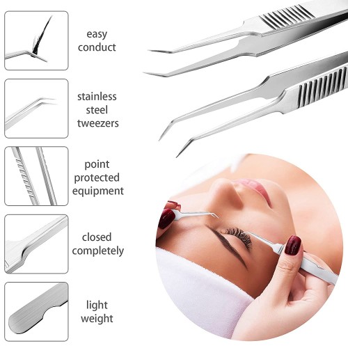 Lash Eyelash Extension Tweezers Stainless Steel 45 Degree Curved Tweezers Eyelash Applicator Tools Tweezers for Eye Lash